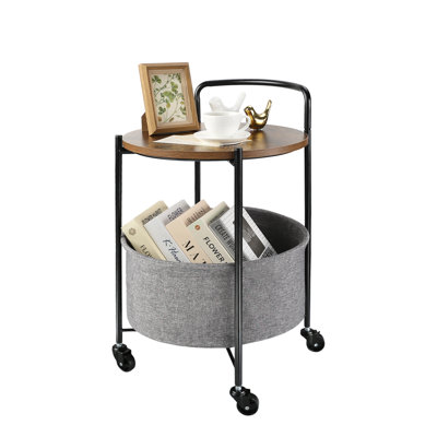 Rolling Round Metal Side Table,2-Tier Storage Side Table With Wheels,End Coffee Table With Steel Frame And Fabric Storage Basket,Cart Side Table Tray by 17 Stories