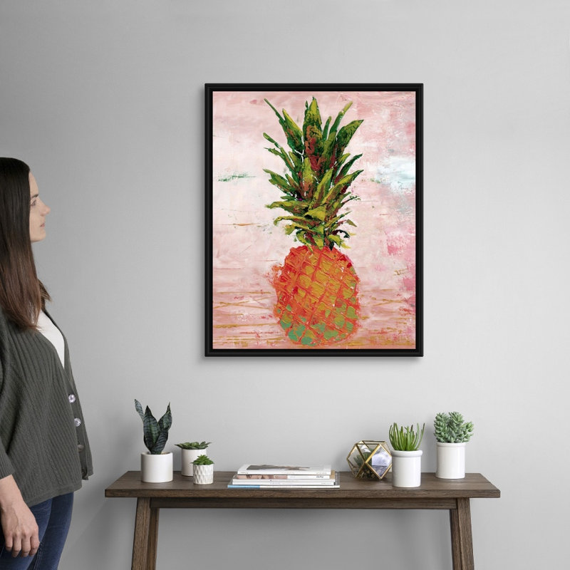 Reproduction d’art sur toile peinte ananas II par Marie Elaine Custer, Cadre noir, H 32 po x l 26 po x P 1,75 po