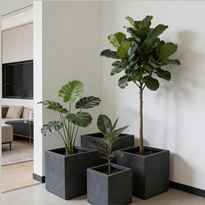 Large Outdoor Indoor Planter, 16.9"+14.37"+11.6" +9.25''Dia Square Magnesium Oxide Planter Set of 4, Flower Pots with Drainage Holes,  Modern Design, Grey Color Planter for Home Garden Patio