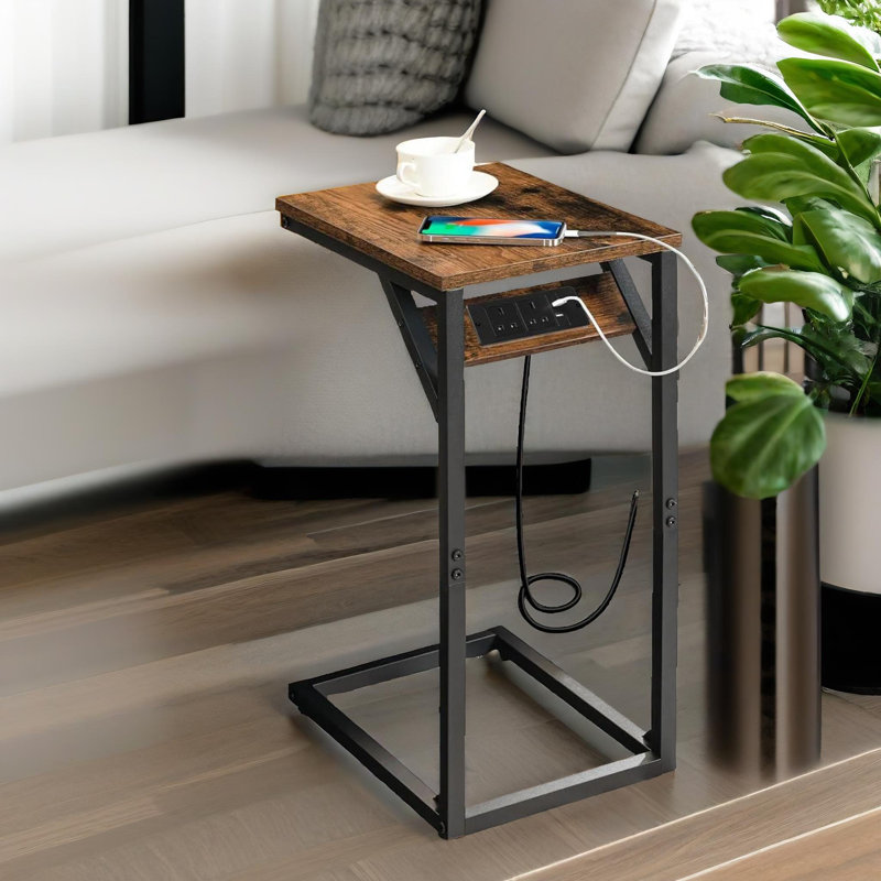 Rustic Industrial Wooden C Shaped Side Table with Built In Power Outlets End Table Home Furniture