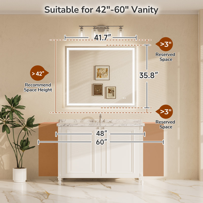 Frontlit and Backlit LED Bathroom vantiy Mirror,3 Color Dimmable Light & Anti-fog Tempered Glass mirror, Rectangle, 36" x 42"