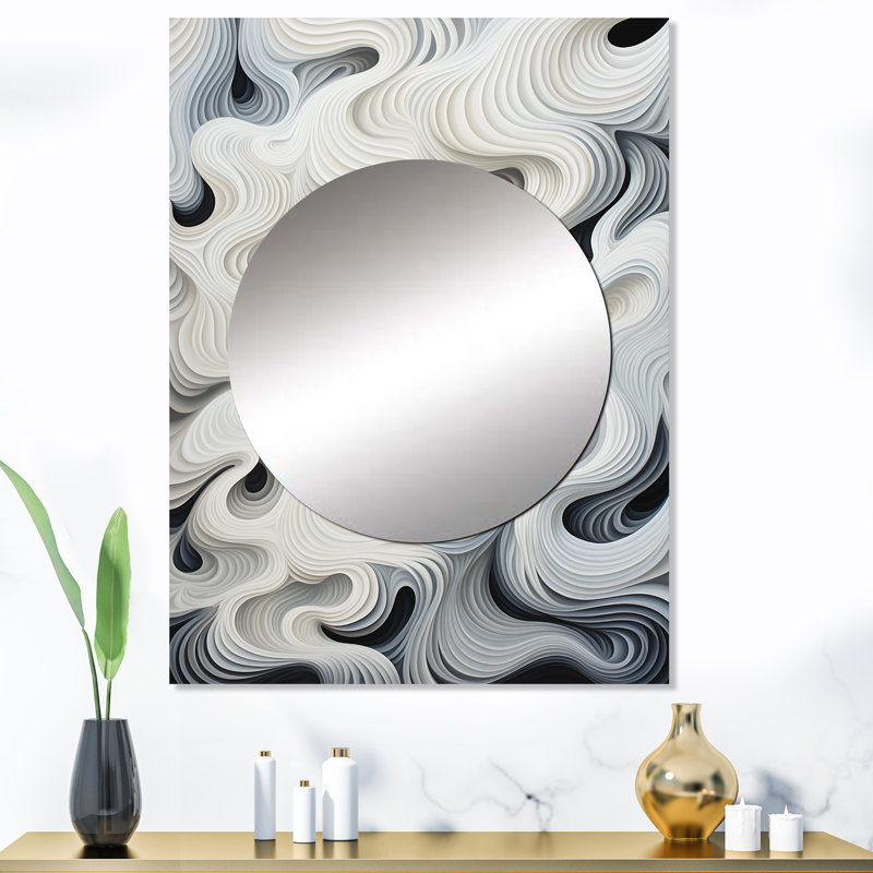 «Floyde», opus monochrome noir et blanc Waves I - miroir décoratif Op Art, miroir mural blanc, impression sur métal