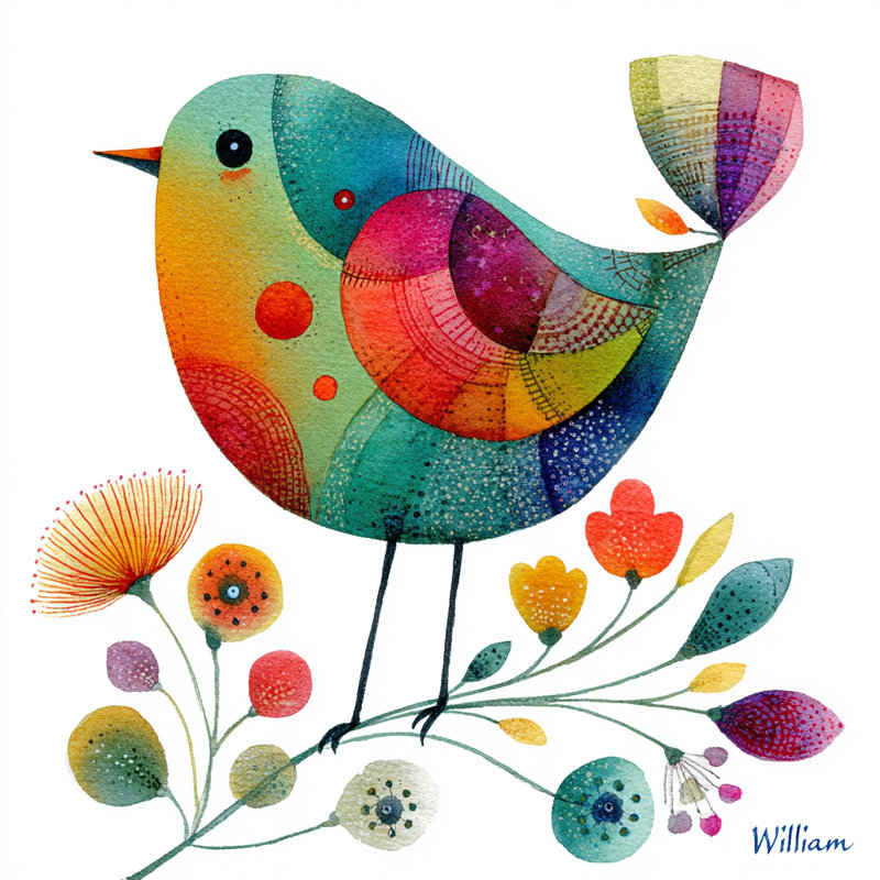 Playful Patchwork Bird on Floral Perch Print
