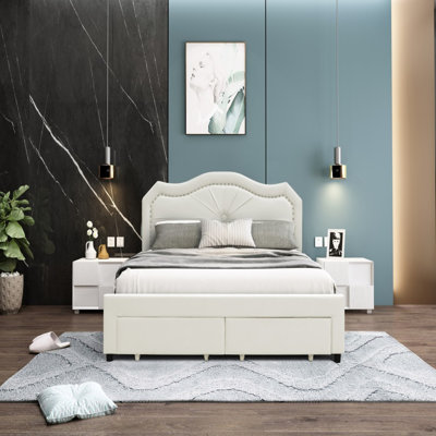 Lit plateforme avec rangement Finley, beige