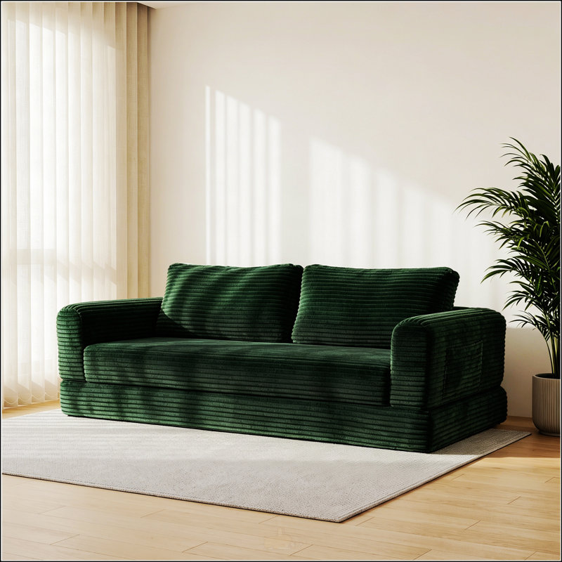 76 Inch Convertible Futon Sofa Bed,Folding Boneless Couches with Sleeper Sofa,Fold Out Floor Sofa Couch with Deep Seat,Cloud Corduroy Foldable Mattress Couch for Living Room,Green