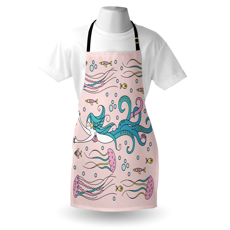 Bungalow tablier rose avec monstre de mer et sirène abstraite unisexe taille rose pâle multicolore