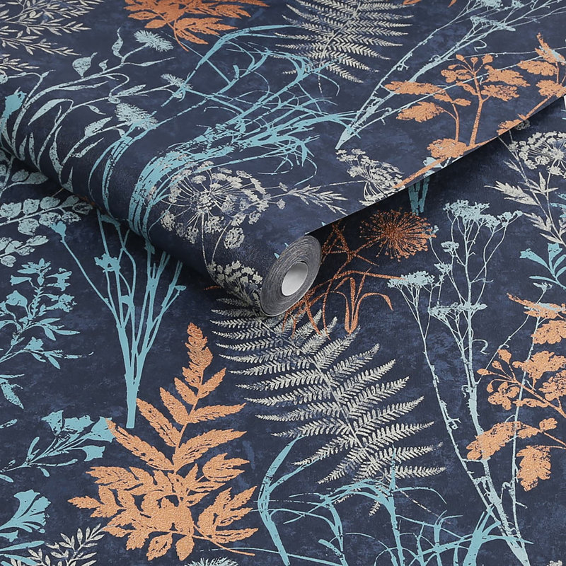 Zen Floral Metallic Wallpaper Double Roll, Navy/Copper