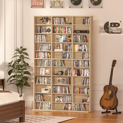 Vitrine haute à 11 niveaux, armoire de rangement multimédia avec tablettes réglables, étagère de rangement pour DVD autoportante, bibliothèque de rangement multimédia de plancher pour le salon et le bureau personnel (naturel)