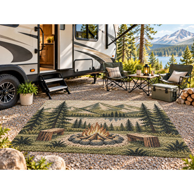 5' x 7' Outdoor Area Rug Campfire Mountain Lake Heavyweight Solid Waterproof PVC Coil Loop Carpet, Patio Rug Quick Dry Large Doormat Porch Balcony Entryway RV Camping