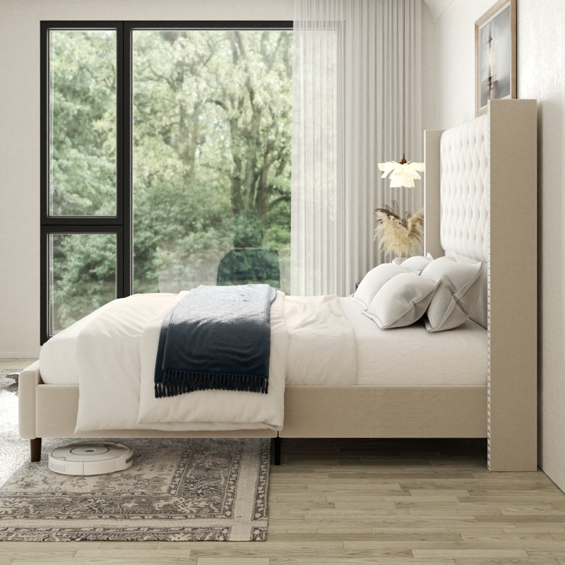 Plainfield Upholstered Wingback Bed Frame with 61" Tall Headboard, Beige, King