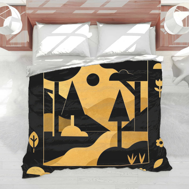 Geometric Forest Landscape Comforter, Twin Extra Long, Black Gold