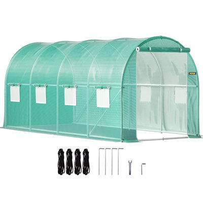 Serre de tunnel sans porte, serre chaude pour plantes portative 15 x 7 x 7 pi avec cerceaux en acier galvanisé, 1 poutre supérieure, poteaux diagonaux, porte à fermeture à glissière et 8 fenêtres à enroulement, vert