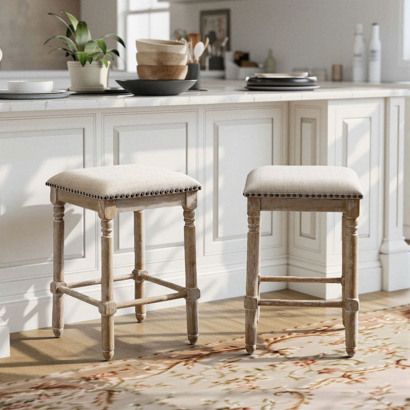 Arnhem Wood Upholstered Bar Stools, Set Of 2, Counter Stool (24.25" Seat Height), Beige