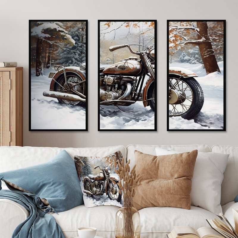 War Rustic War Bike In Winter - ensemble d'art mural moto, H 28 po x l 36 po x P 1 po, Cadre flottant noir