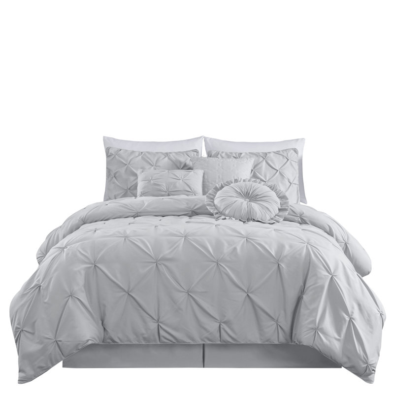 Sydney Pintuck Microfiber 7 Piece Comforter Set, Queen Comforter + 6 Additional Pieces, Light Gray