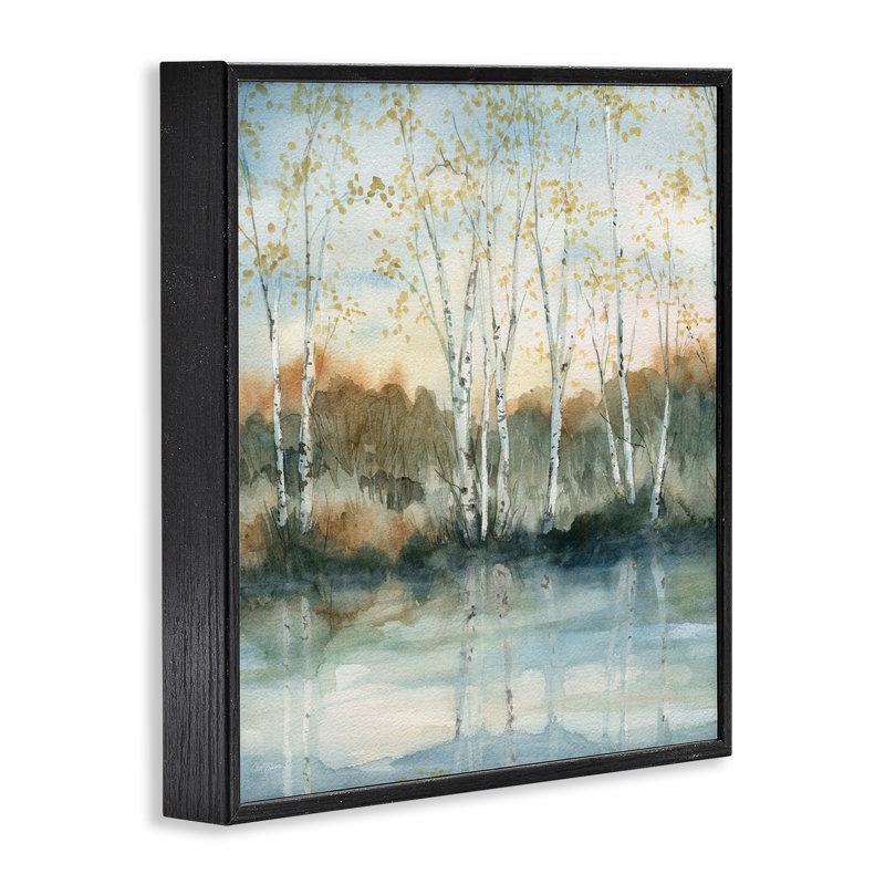 Bouleau, reflets, lac pittoresque, clairière, paysage, H 12 po x l 12 po, Giclée encadrée noir minuit