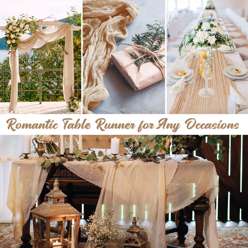 24 Pcs Spring Easter Champagne Cheesecloth Table Runner Bulk Boho Rustic Gauze Cheese Cloth Table Runner 120 Inch 10Ft Long Holiday Tablecloth For Wedding Baby Shower Decoration(Champagne)