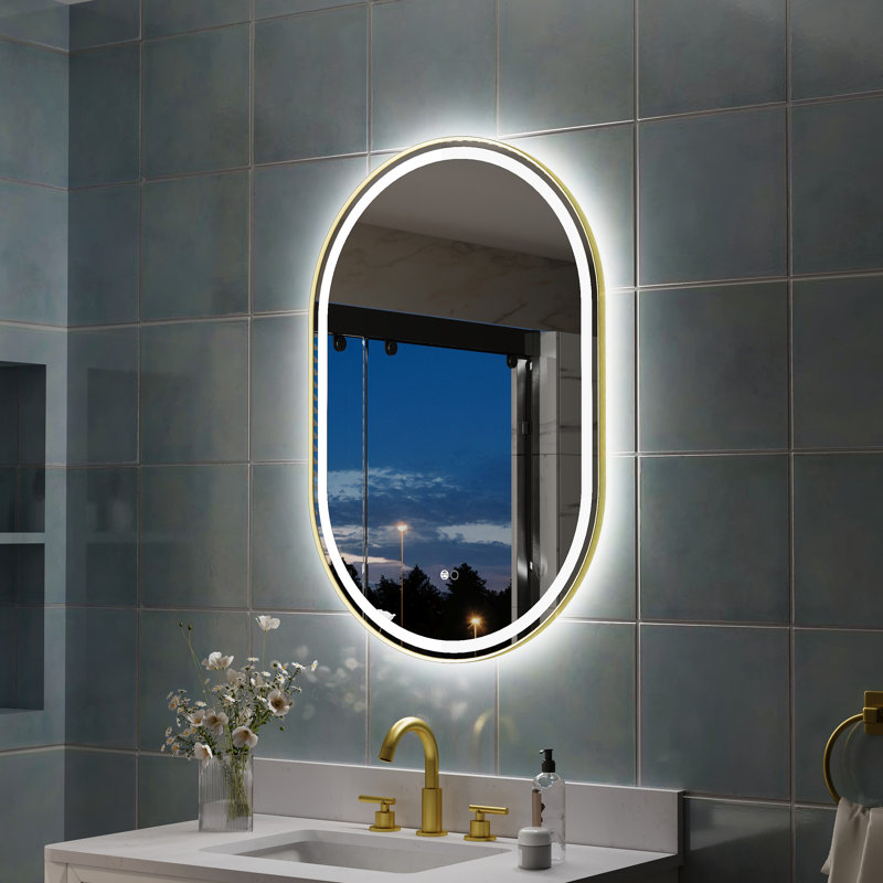ZC-Mirror  36" H Wall Mounted Bathroom Framed LED Mirror With Memory Function, 36" x 24", Brushed Gold
