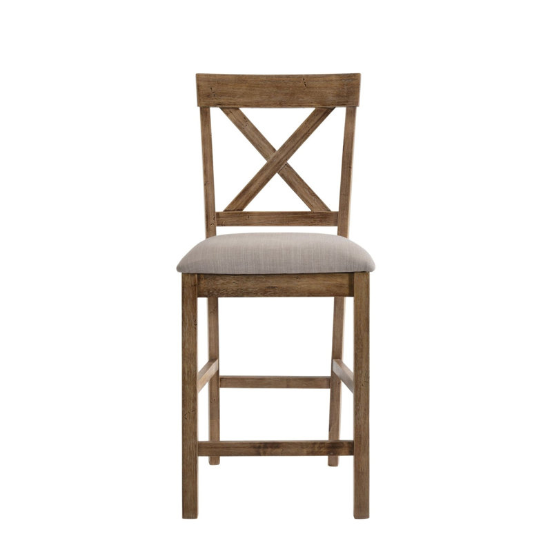 Contemporary Counter Height Chairs Set Of 2 Upholstered Seat X-Back Classic Oak Finish Wooden Dining Furniture, Brown, Beige
