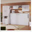Lit escamotable avec tablettes ouvertes et tiroirs de rangement, armoire encastrée et table