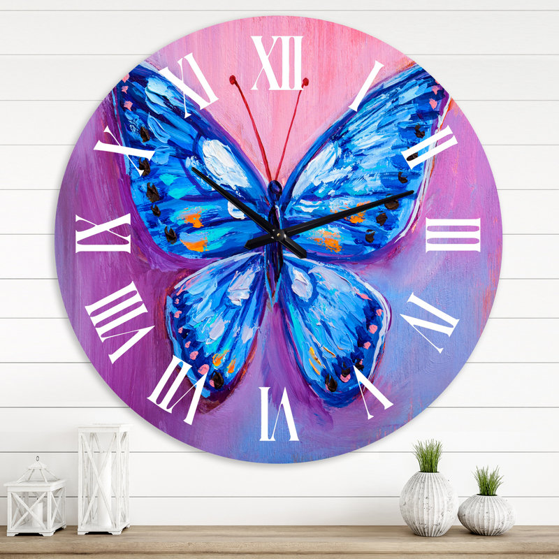 Papillon bleu rétro I - horloge murale moderne, Surdimensionné