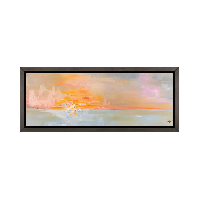 «Sunset II», reproduction panoramique, H 20 po x l 60 po x P 1,5 po, Toile encadrée de bois rustique foncé
