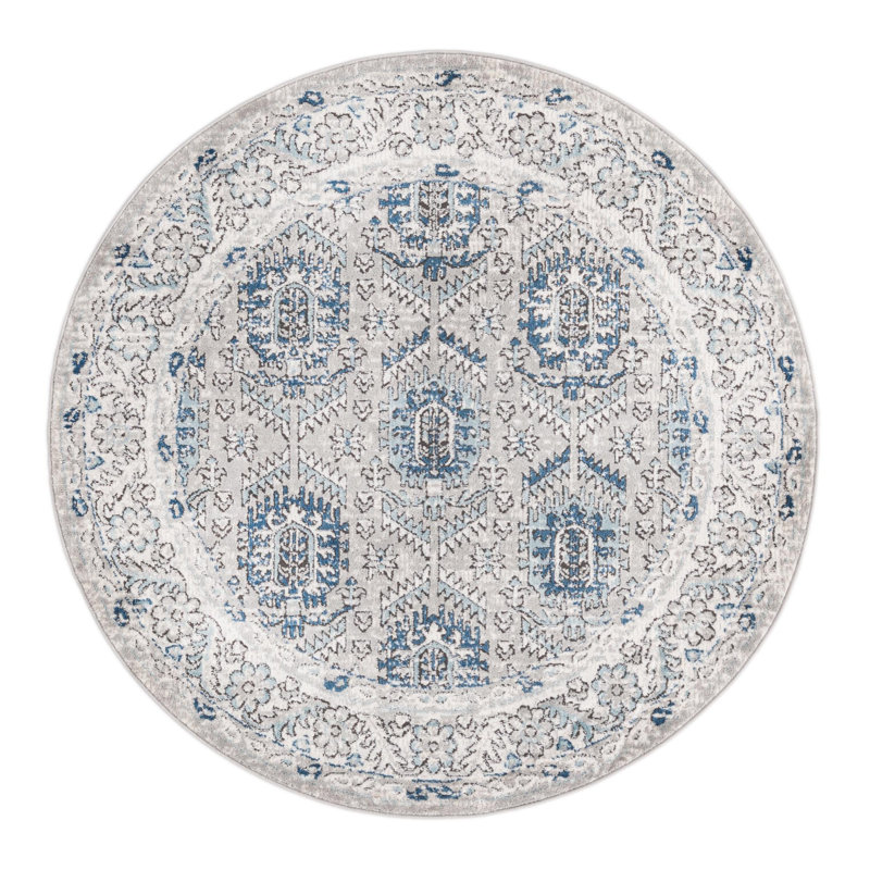 Tapis gris / ivoire / bleu Weingartner, Rond 5 pi 3 po