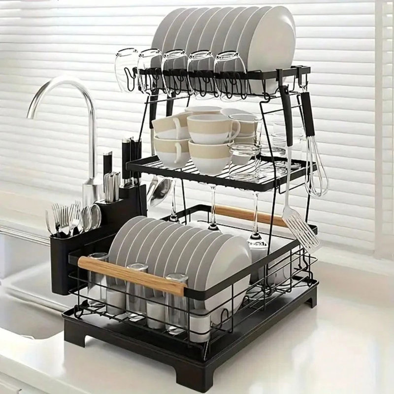 Égouttoir à vaisselle, égouttoirs à vaisselle à 2 niveaux pour comptoir de cuisine, égouttoir à vaisselle avec égouttoir et tapis, égouttoir à vaisselle avec couteau, égouttoir à fourchette et à tasses, cadeaux pour les femmes, fête des mèr
