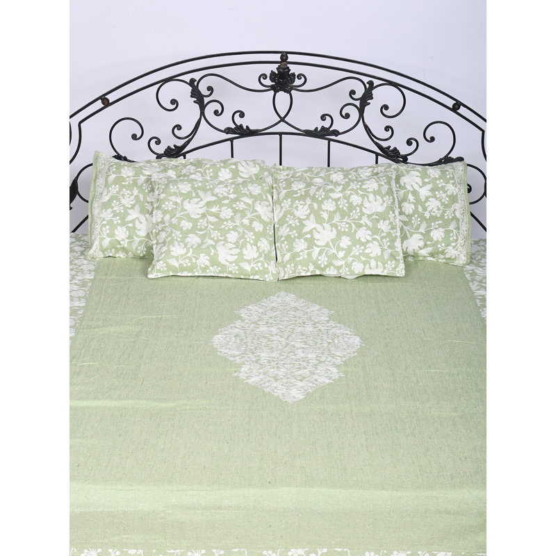 Exotic India Pure Cotton Bedspread Full XL Size with Aari Embroidered And Pillowcases Covers