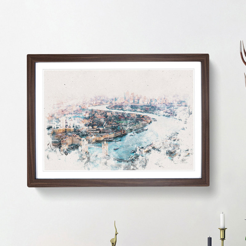 River Thames and London Skyline - Picture Frame Painting Print on MDF, 33cm H x 45cm W x 2cm D, Walnut Framed