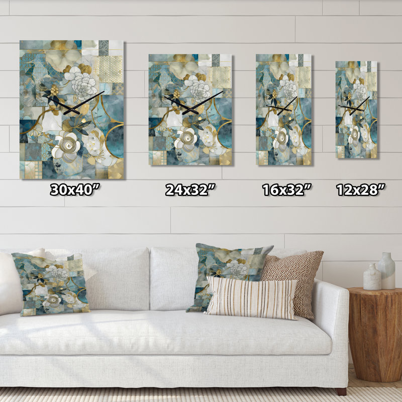 Marble Floral Design II - Horloge murale florale, H 28 po x l 12 po x P 1 po