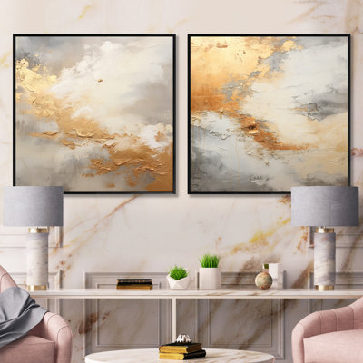 Minimalisme beige et or - tempêtes abstraites - ensemble de 2 carrés carrés