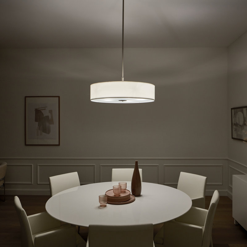  Lustre tambour 5 lumières à abat-jour, Nickel brossé
