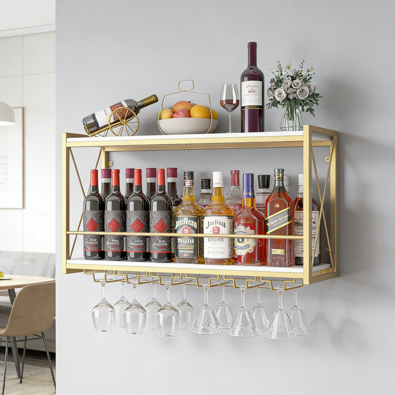 Support à vin mural avec porte-verre, tablette rustique industrielle à 2 niveaux pour le rangement de bouteilles de vin, cuisine, salle à manger ou bar à la maison