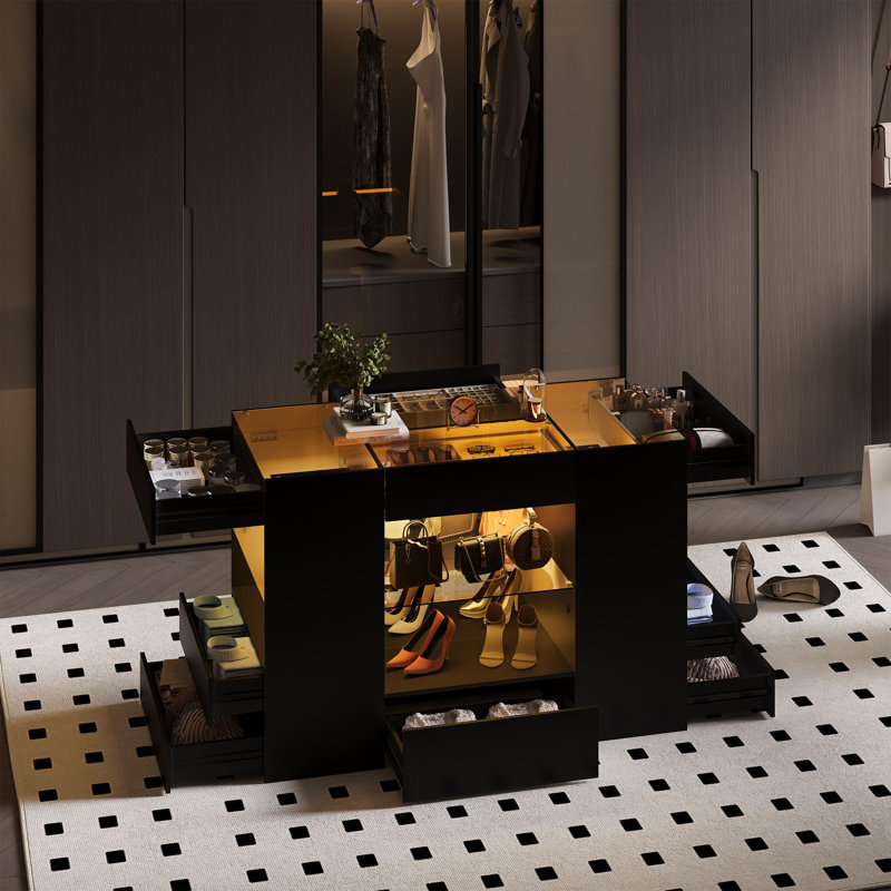 Modern Closet Island with Showcase, LED Lighting and Ample Storage, Black