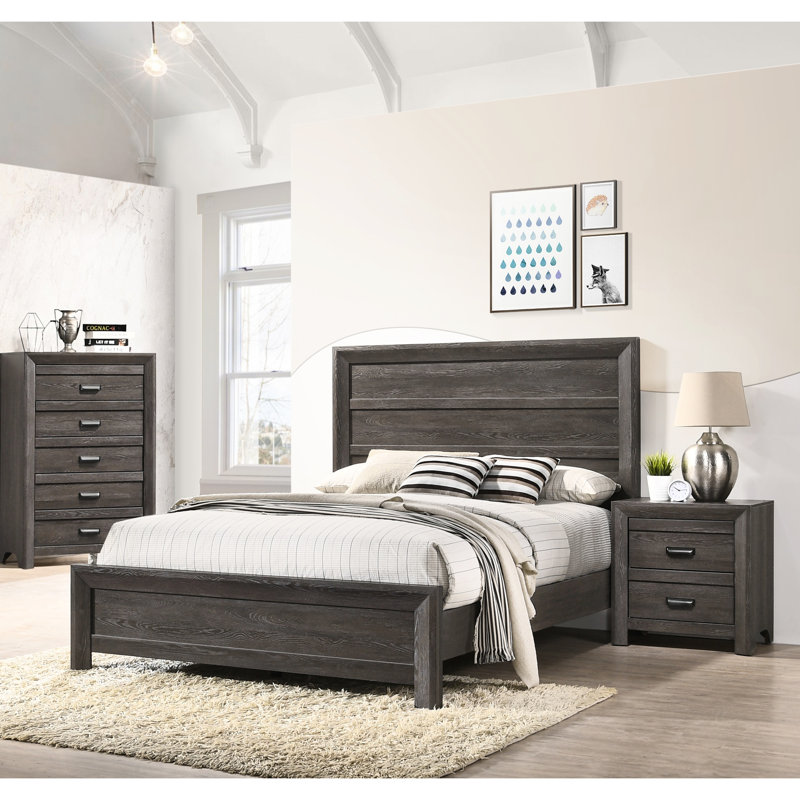 Mobilier de chambre rustique en bois, lit double avec finition brun gris et tête de lit solide de style contemporain