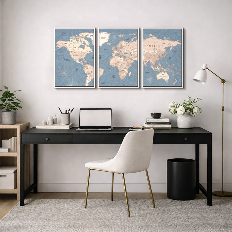 Carte du monde «Blue Global Antique Atlas, H 36 po x l 72 po, Reproduction avec cadre flottant, Blanc