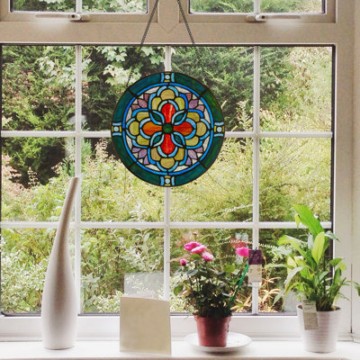 12"H Tiffany-Style Geometric Stained Glass Window Panel