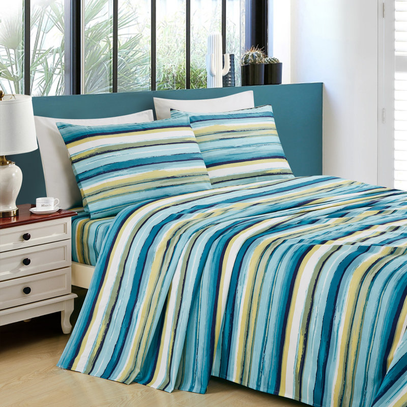 Morgan Striped Printed Microfiber Sheet Set, Queen Sheet Set with 2 Pillowcases