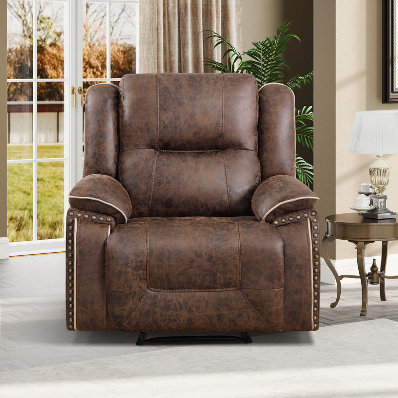 40.2" Wide Classic Comfort Lounge Faux Leather Manual Recliner With Nailhead Trim And Dual Hidden Cup Holders