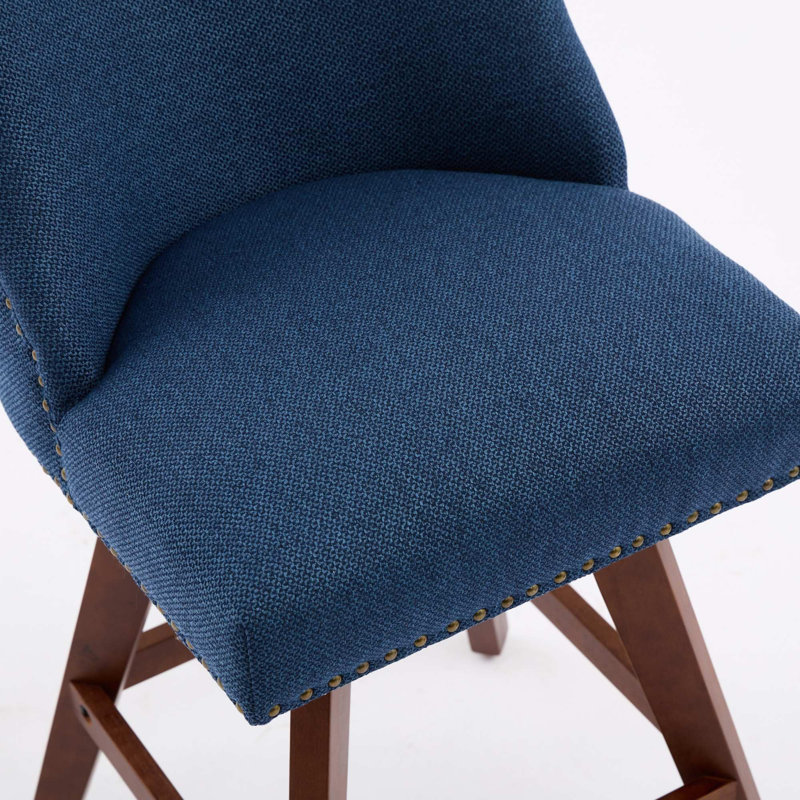 Tabouret de bar de cuisine pivotant en lin avec pieds en bois massif, bleu, Bleu