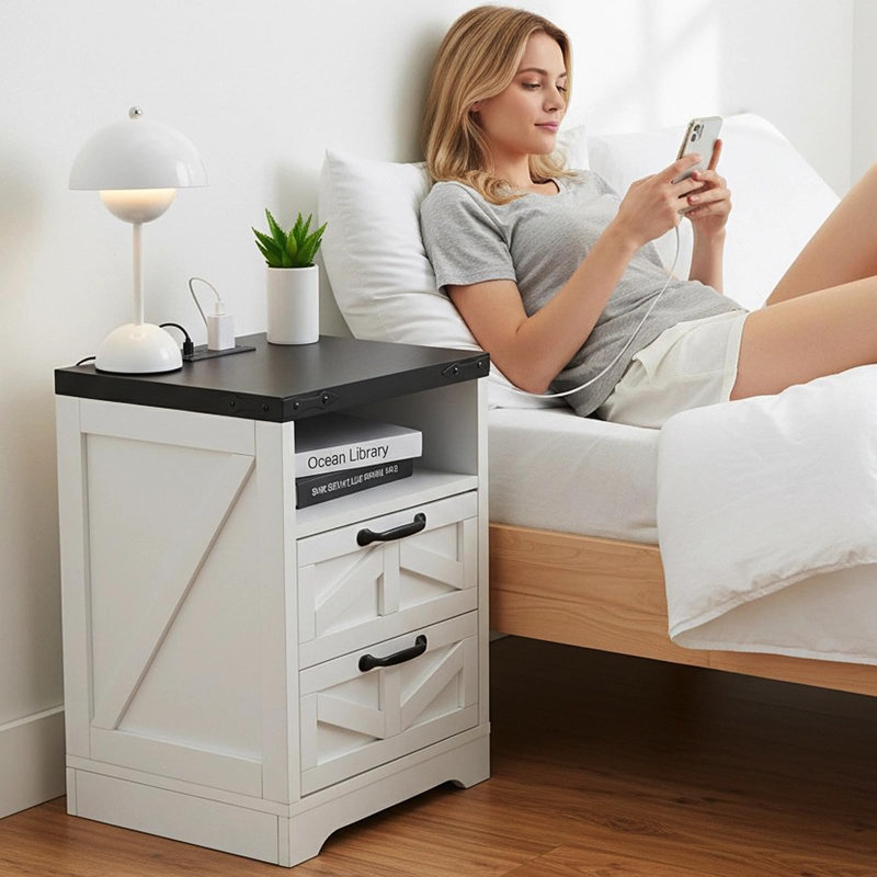 Table de chevet USB Station de charge, table de chevet à 2 tiroirs pour la chambre à coucher, table de bout industrielle blanche