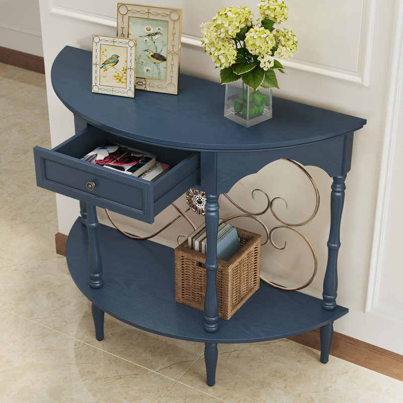 Vintage Curved Console Table, 40" Half-Moon Entryway Table Rustic Wood & Metal Accent Table (Minimal Assembly Needed), Blue