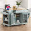 Îlot de cuisine cannelé avec armoire de rangement pour poubelle, prise de courant, support de rangement interne, îlots de cuisine roulants sur 5 roues avec 3 tiroirs, 3 supports latéraux ouverts pour poubelle de 10 gallons, gris-bleu-1362782046