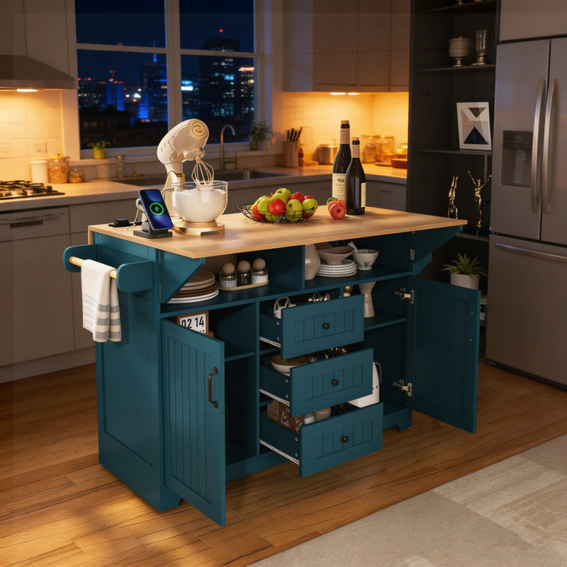 55.7'' Multifunctional Kitchen Island with Dual Drop Leaf, Power Outlet, and Ample Storage for Dining, Cooking, or Work