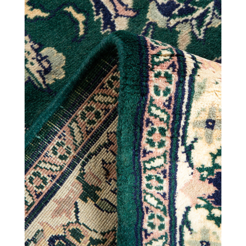 Tapis unique noué à la main Hayner - ivoire / émeraude, 2 pi 6 po x 12 pi 7 po Hayner