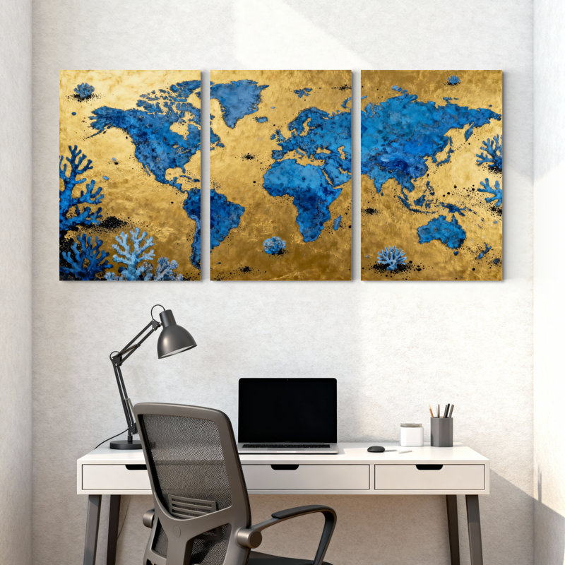 Carte du monde doré avec motif de corail bleu, ensemble de 3 impressions sur toile, H 24 po x l 48 po