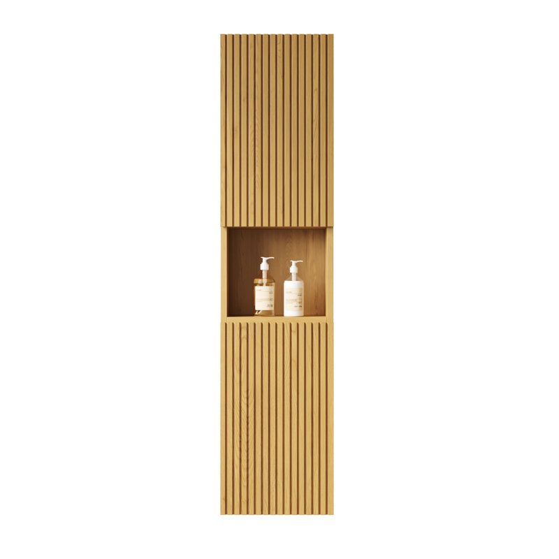 59" Tall Cabinet For Bathroom - Wall Mounted Narrow With Doors And Shelves In Oak Grain Stable Performance
