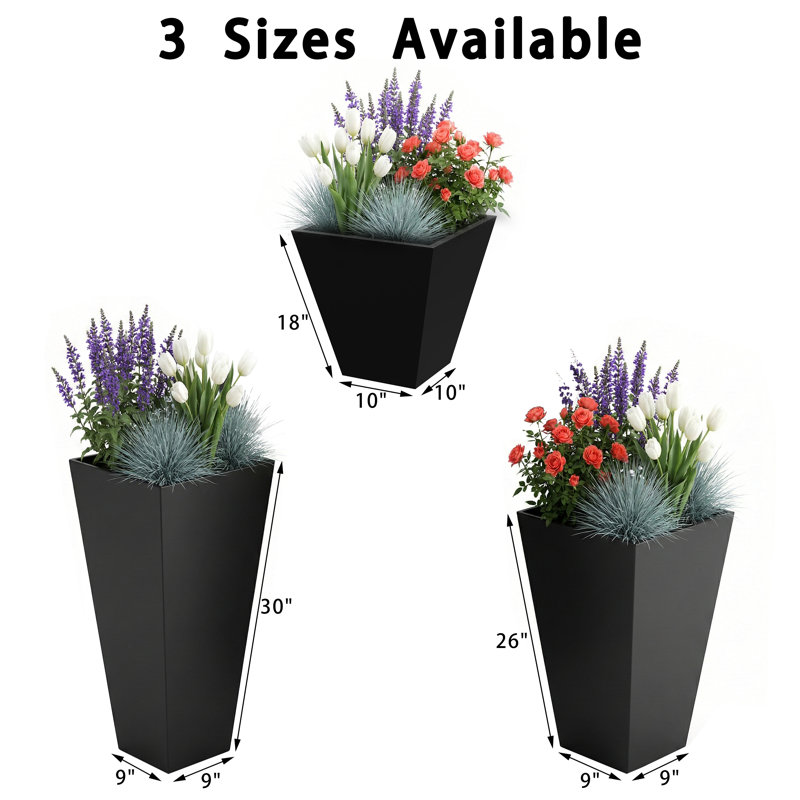 Pot à fleurs conique en métal noir, H 18 po x l 16 po x P 16 po