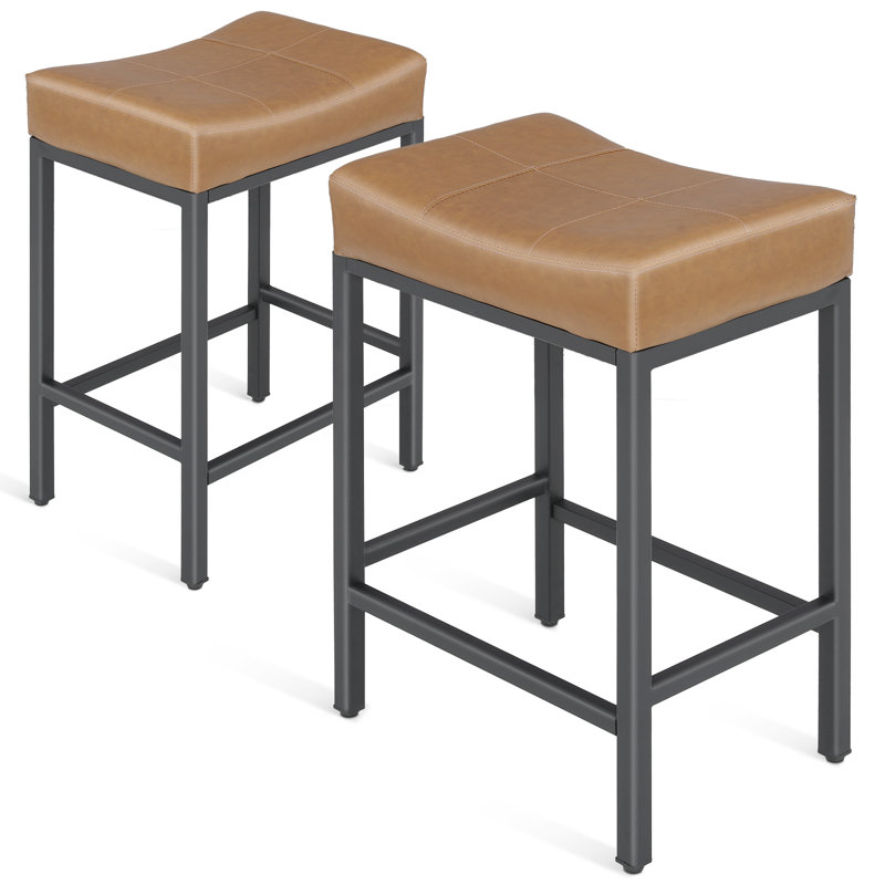 Upholstered Saddle Bar Stools Counter Height Stools Barstools Bar Chairs with Curved Seat & Footrest, Camel